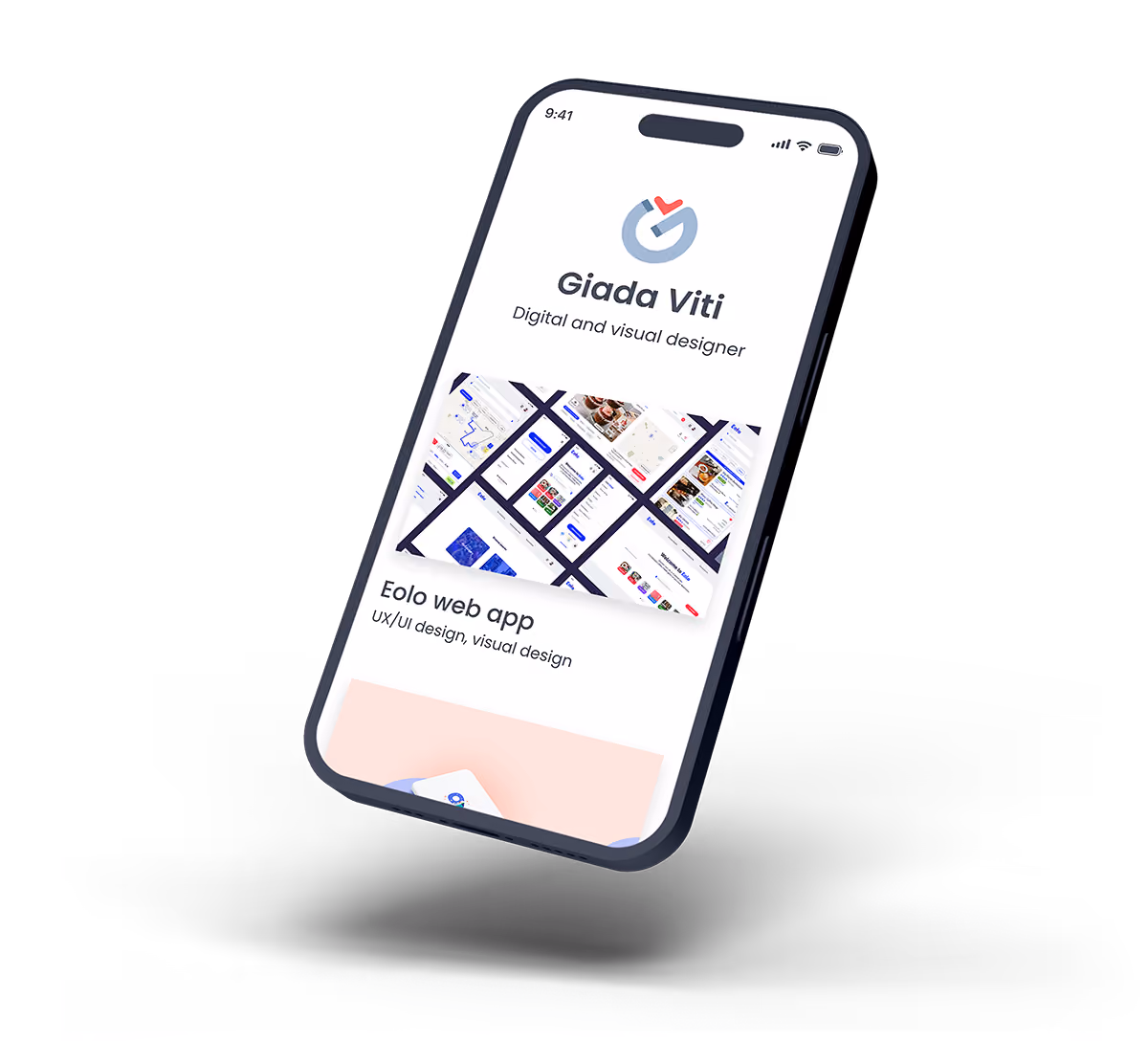 Smartphone floating, showing a design portfolio page.