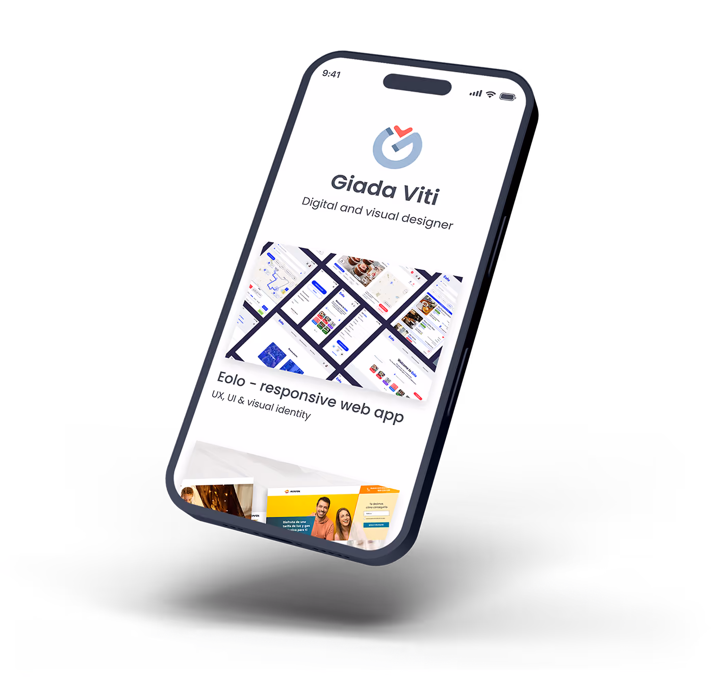 A floating smartphone showing a design portfolio page.