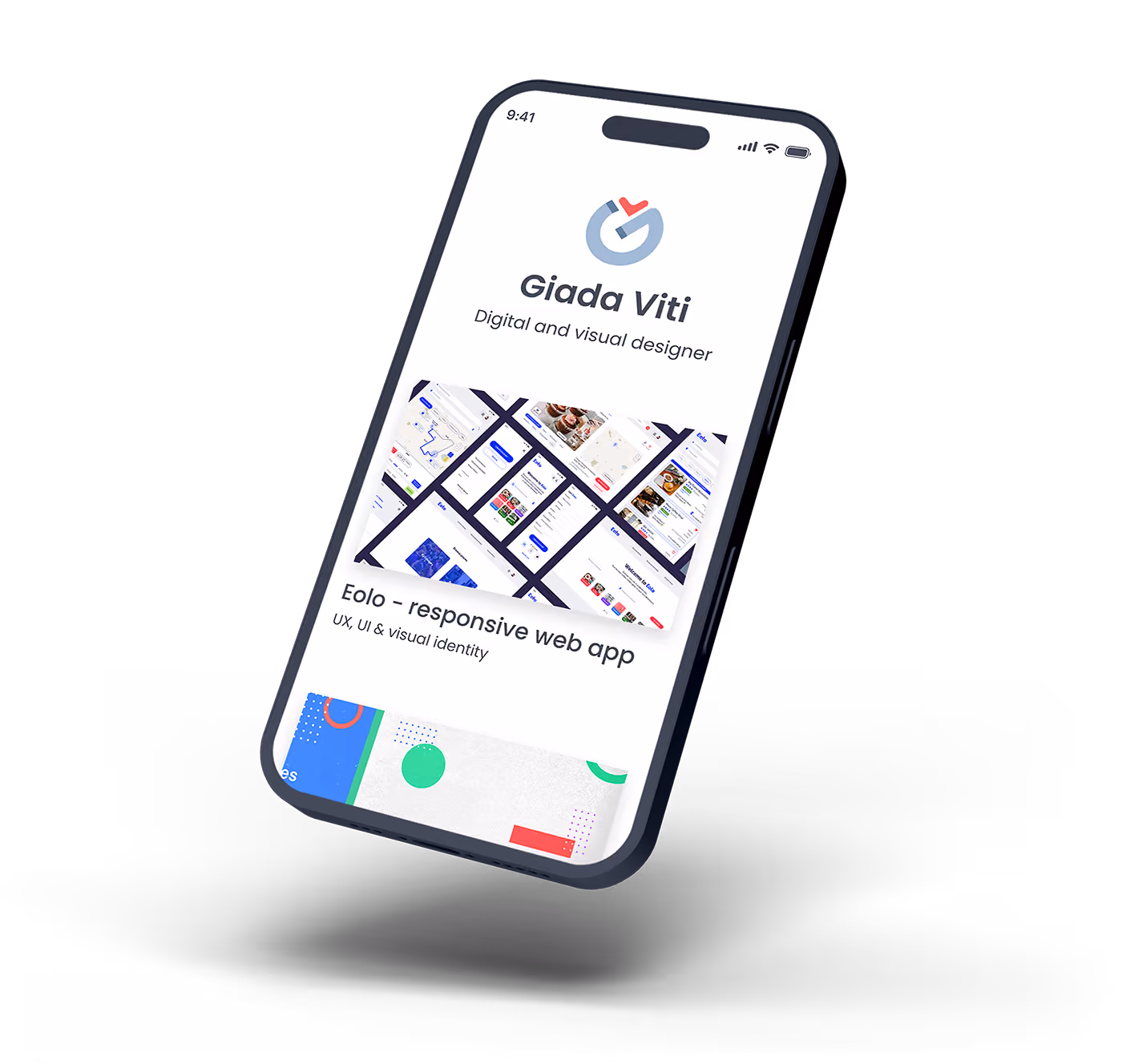 A floating smartphone showing a design portfolio page.