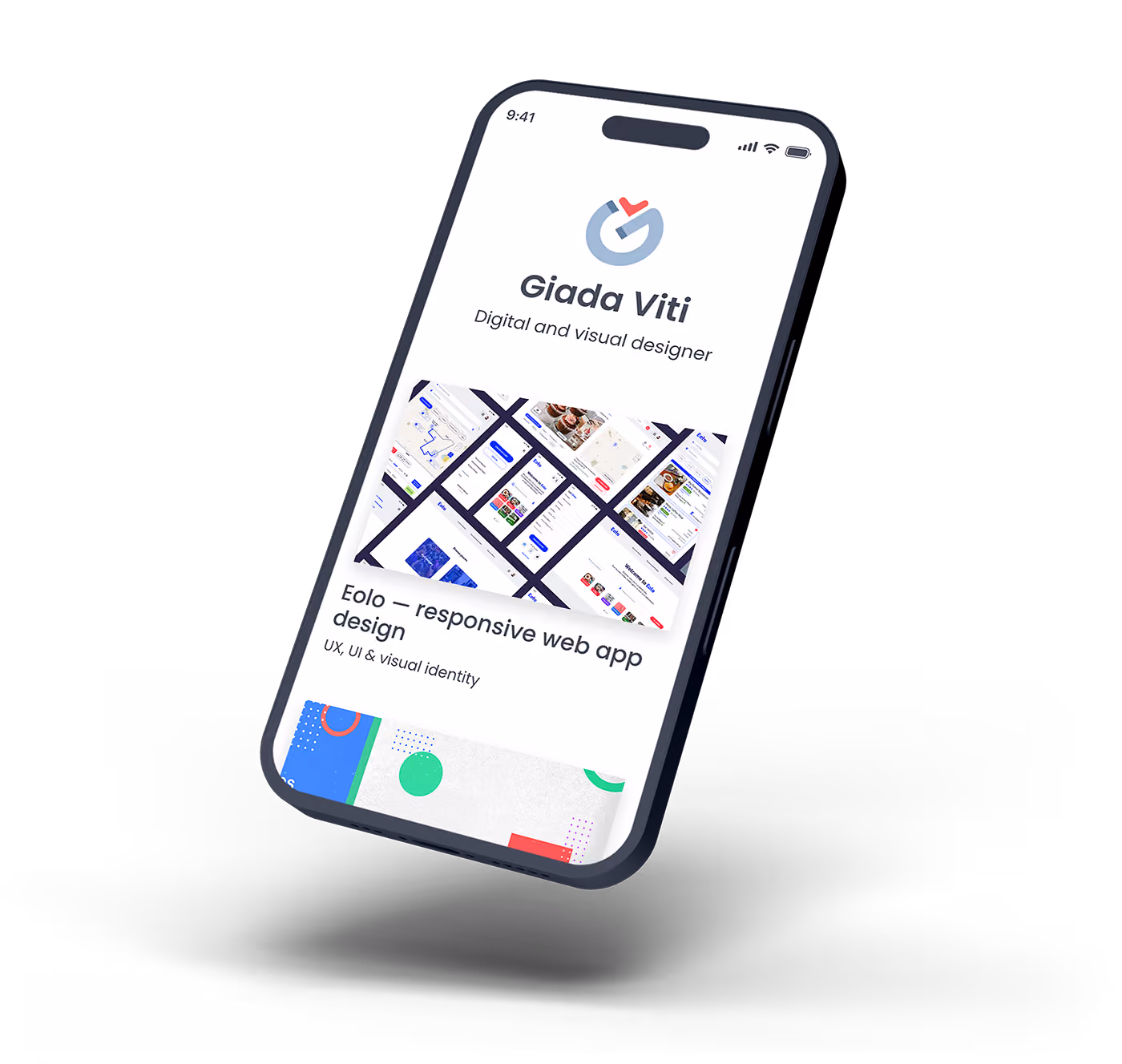 A floating smartphone showing a design portfolio page.