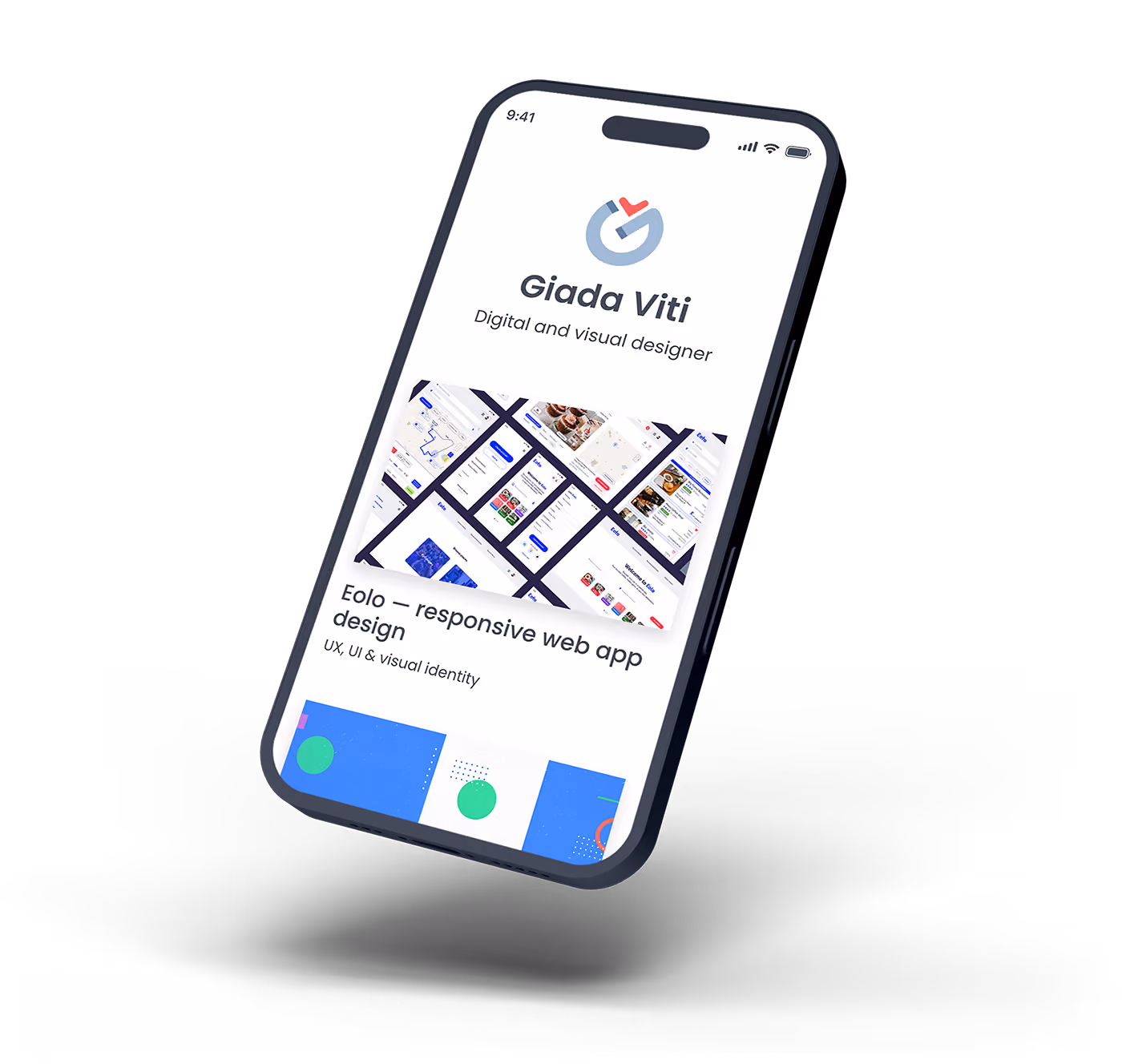 A floating smartphone showing a design portfolio homepage.