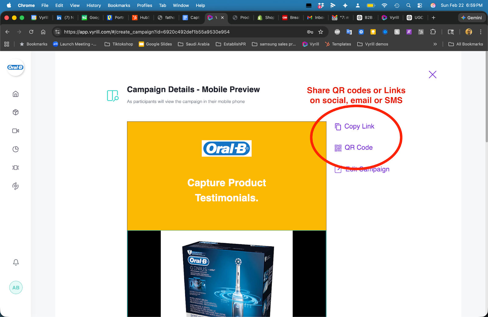 Vyrill dashboard displaying a generated QR code and email link for a video campaign