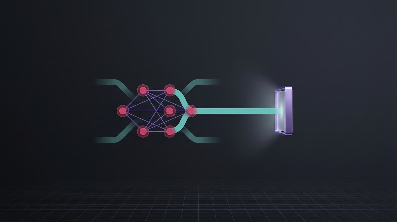 AI neural network connecting to a search interface — structured video data being ingested by generative search engines