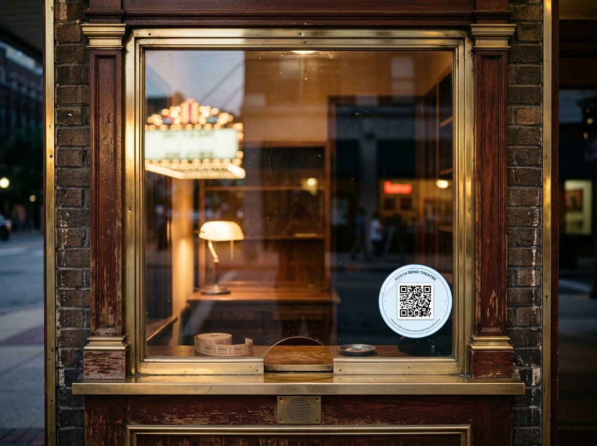 Etiqueta adhesiva con un código QR permanente en la taquilla del North Bend Theatre