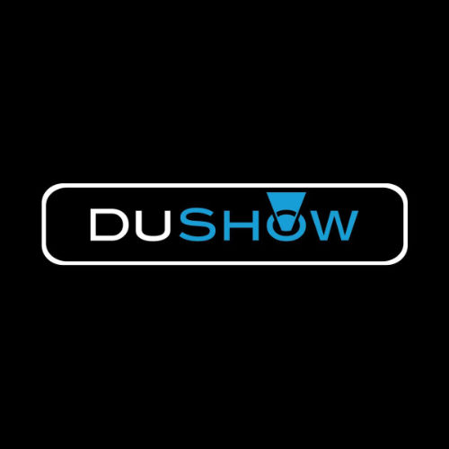 DUSHOW logo with stylized blue and white text and a spotlight graphic on a black background.