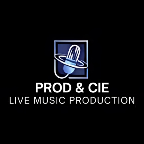 Prod & Cie Logo with a stylized microphone inside a square, text below reads 'PROD & CIE LIVE MUSIC PRODUCTION' on black background.