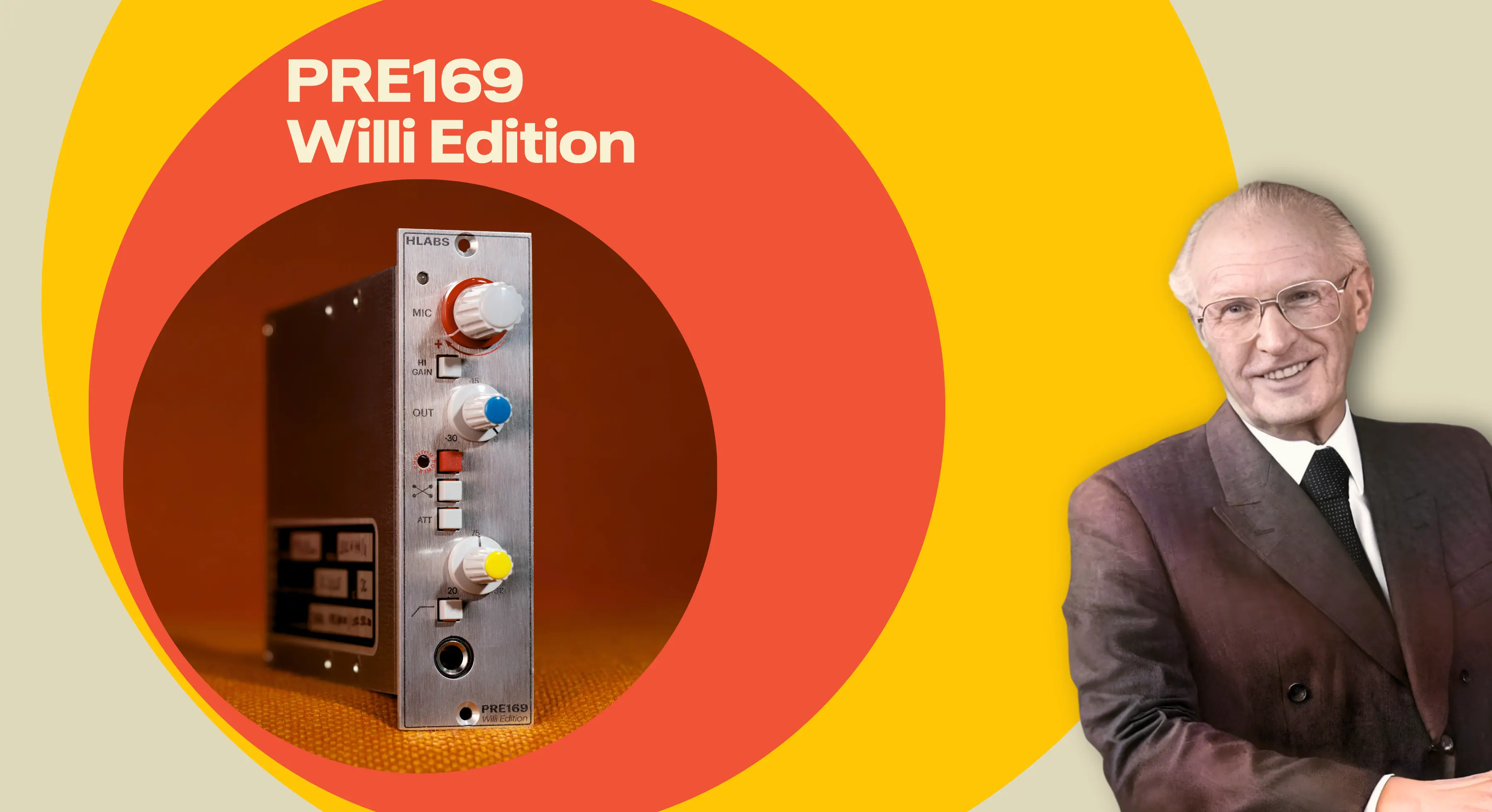 PRE169 Willi Edition mic preamplifier module with colored knobs next to a smiling elderly man in a suit.