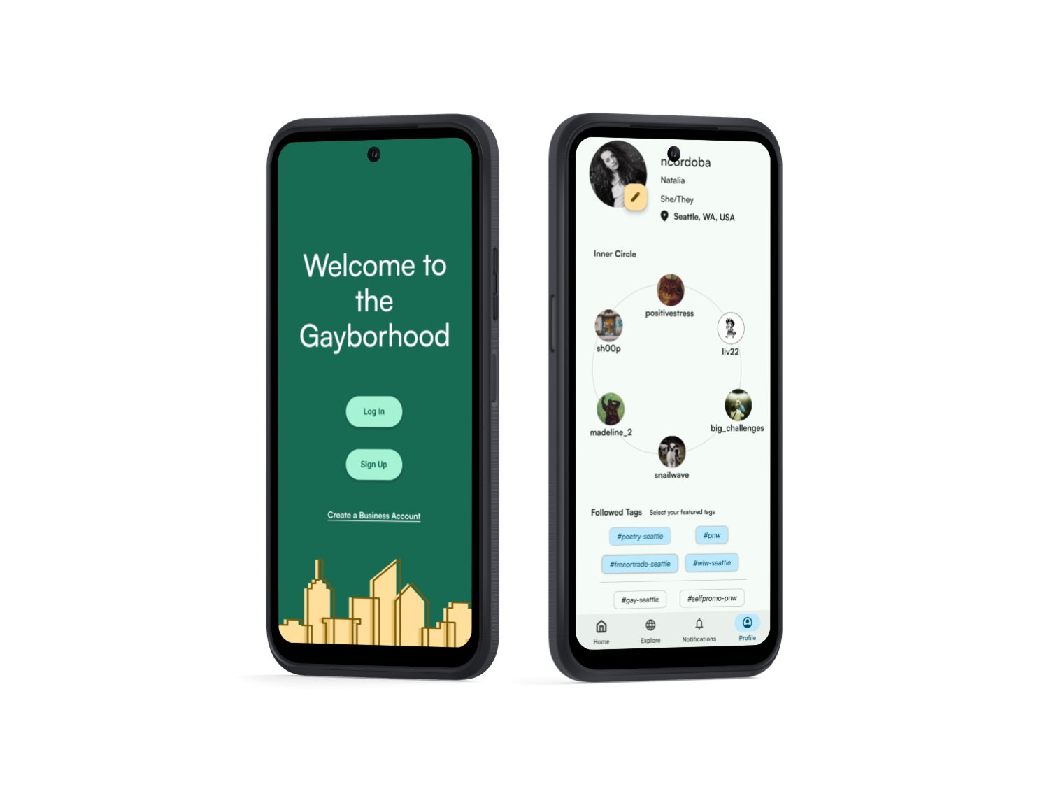 Two Android phones featuring the splash screen and profile page for the Gayborhood App