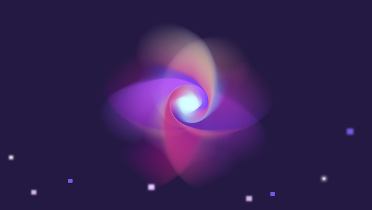 Abstract glowing swirl of purple and pink light on dark blue background with scattered small glowing squares.