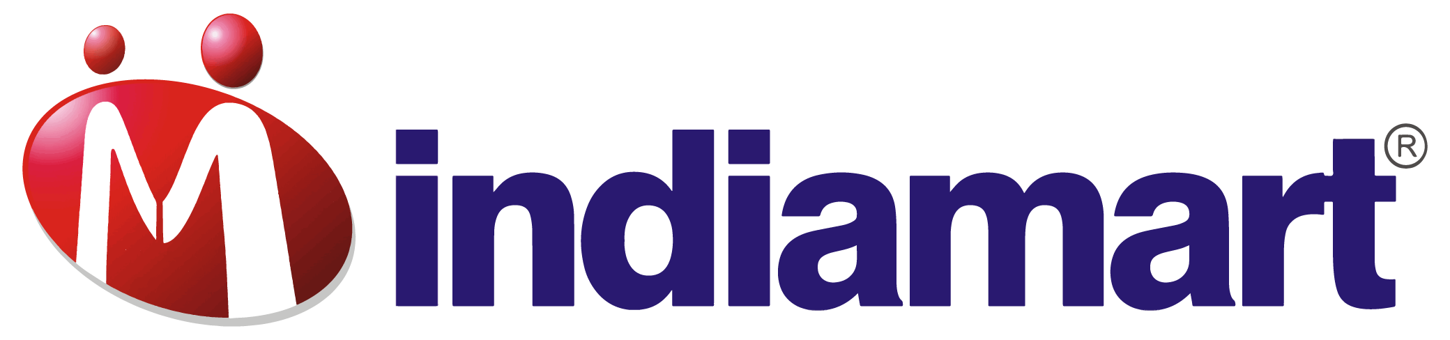 Indiamart logo with a red oval containing stylized white M figure and the text indiamart in dark blue.
