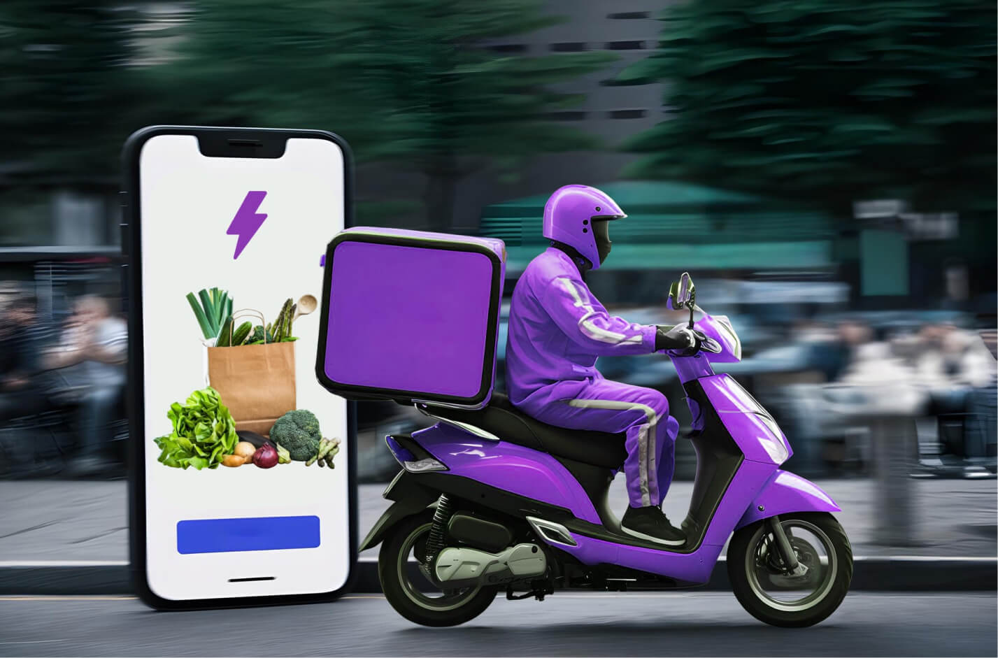 Delivery person in purple uniform riding a purple scooter with a delivery box, alongside a large smartphone displaying a grocery bag with fresh vegetables.