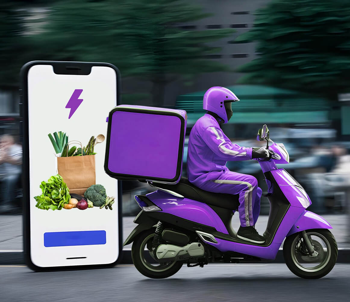 Delivery person in purple riding a purple scooter with insulated delivery box, next to a large phone showing grocery items in a paper bag.