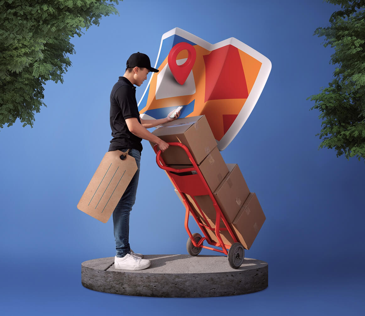 Delivery person in black cap using a smartphone while handling packages on a red hand truck with a location pin icon in the background.