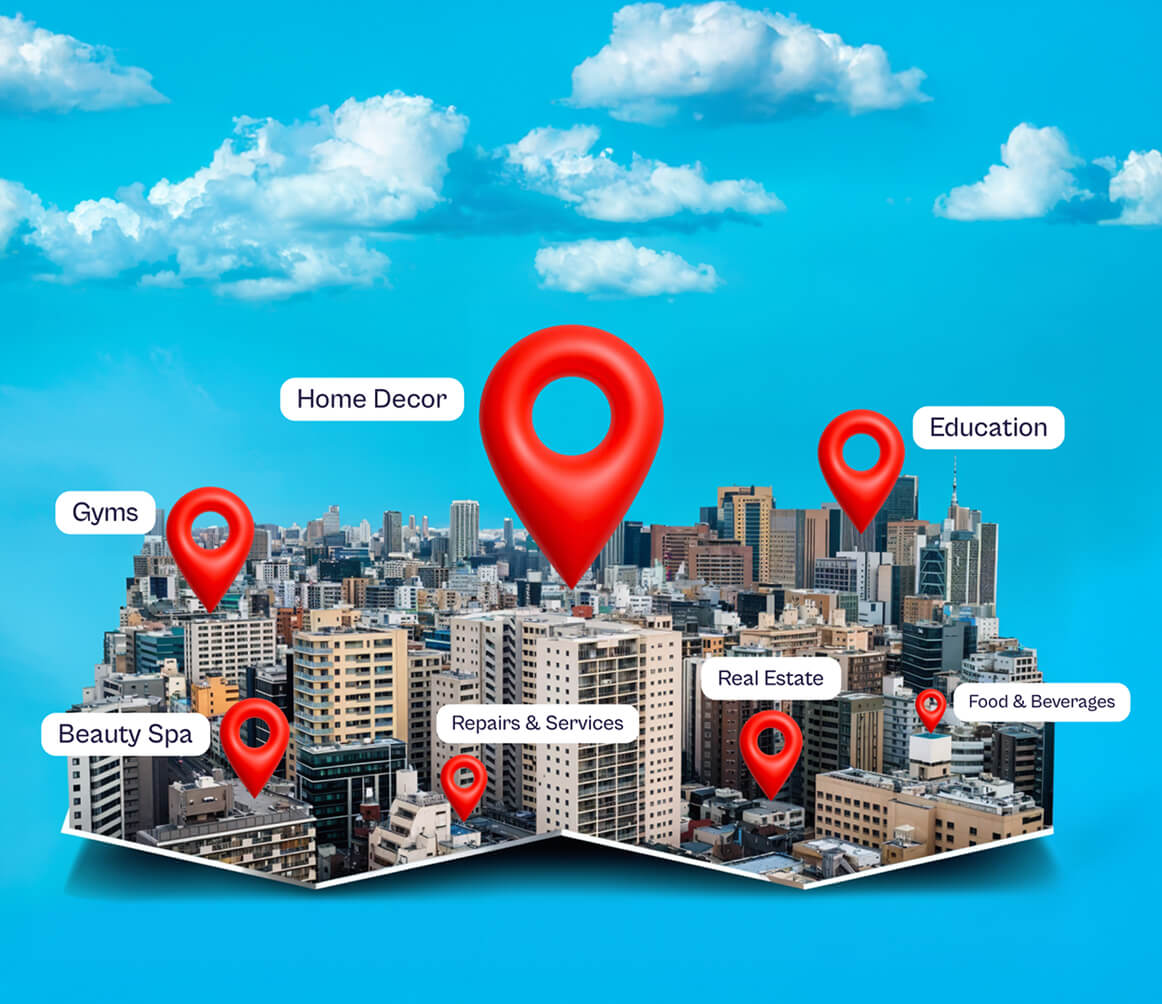 3D city map with red location markers highlighting categories: Home Decor, Education, Gyms, Beauty Spa, Repairs & Services, Real Estate, and Food & Beverages.