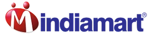 Indiamart logo with a red oval containing stylized white M figure and the text indiamart in dark blue.