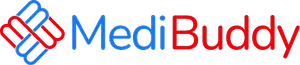 MediBuddy company logo with stylized red and blue interconnected lines.