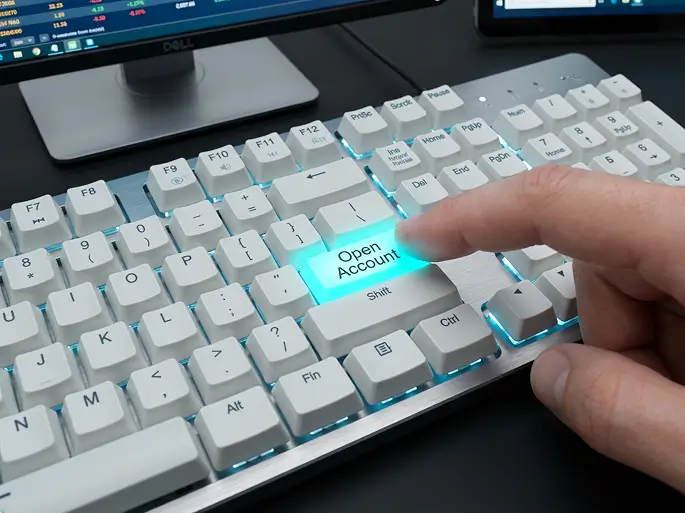 Close-up of a finger pressing a glowing 'Open Account' key on a white computer keyboard with a Dell monitor in the background.