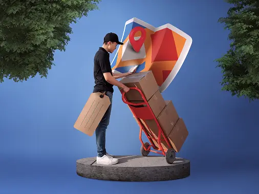 Delivery person in black cap using a smartphone while handling packages on a red hand truck with a location pin icon in the background.