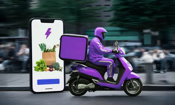 Delivery person in purple riding a purple scooter with insulated delivery box, next to a large phone showing grocery items in a paper bag.