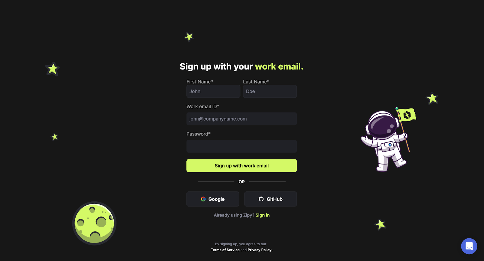 Signup page