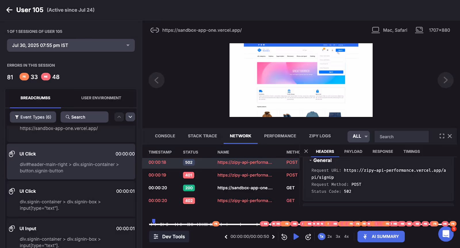 Session replay dev tools