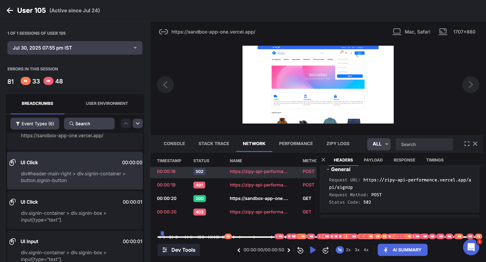 Session replay dev tools