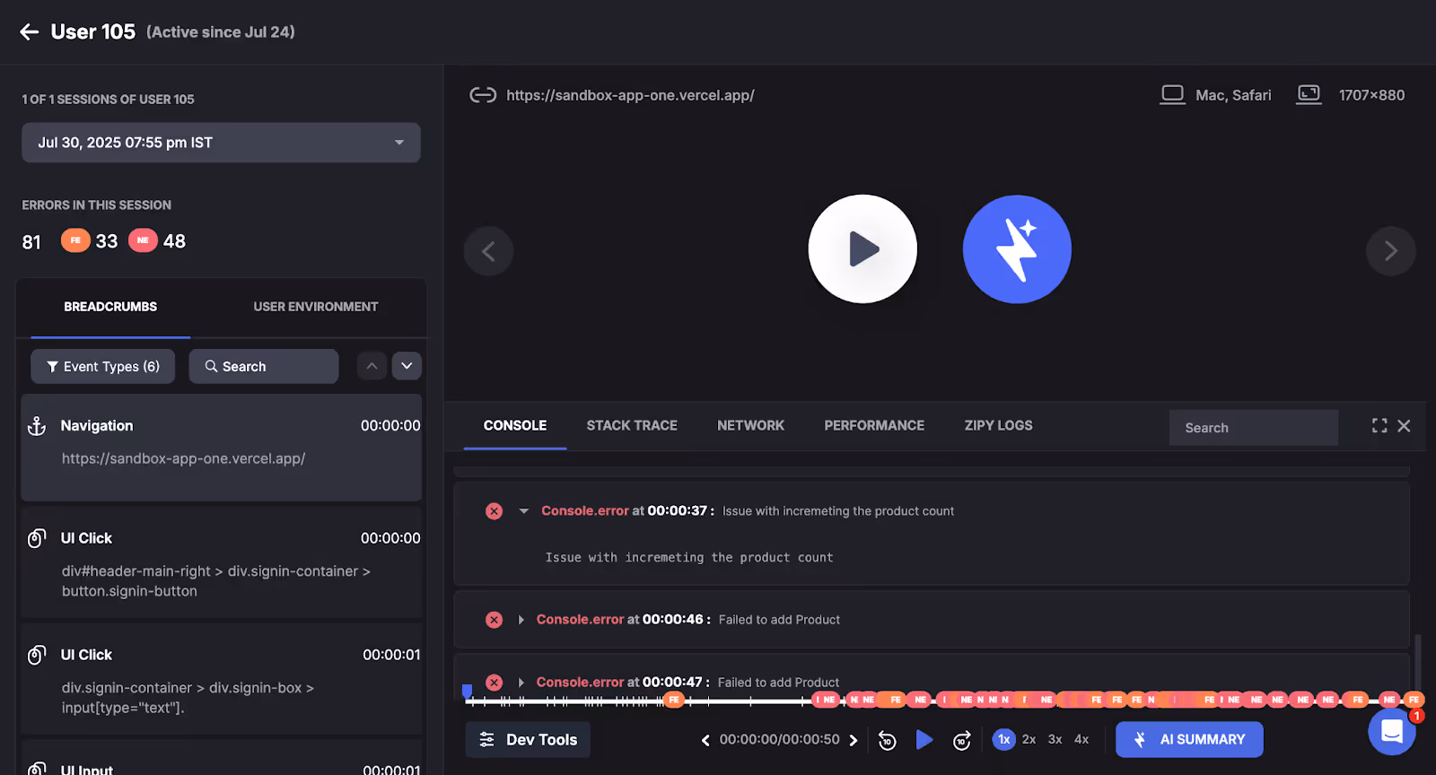 Session replay dev tools