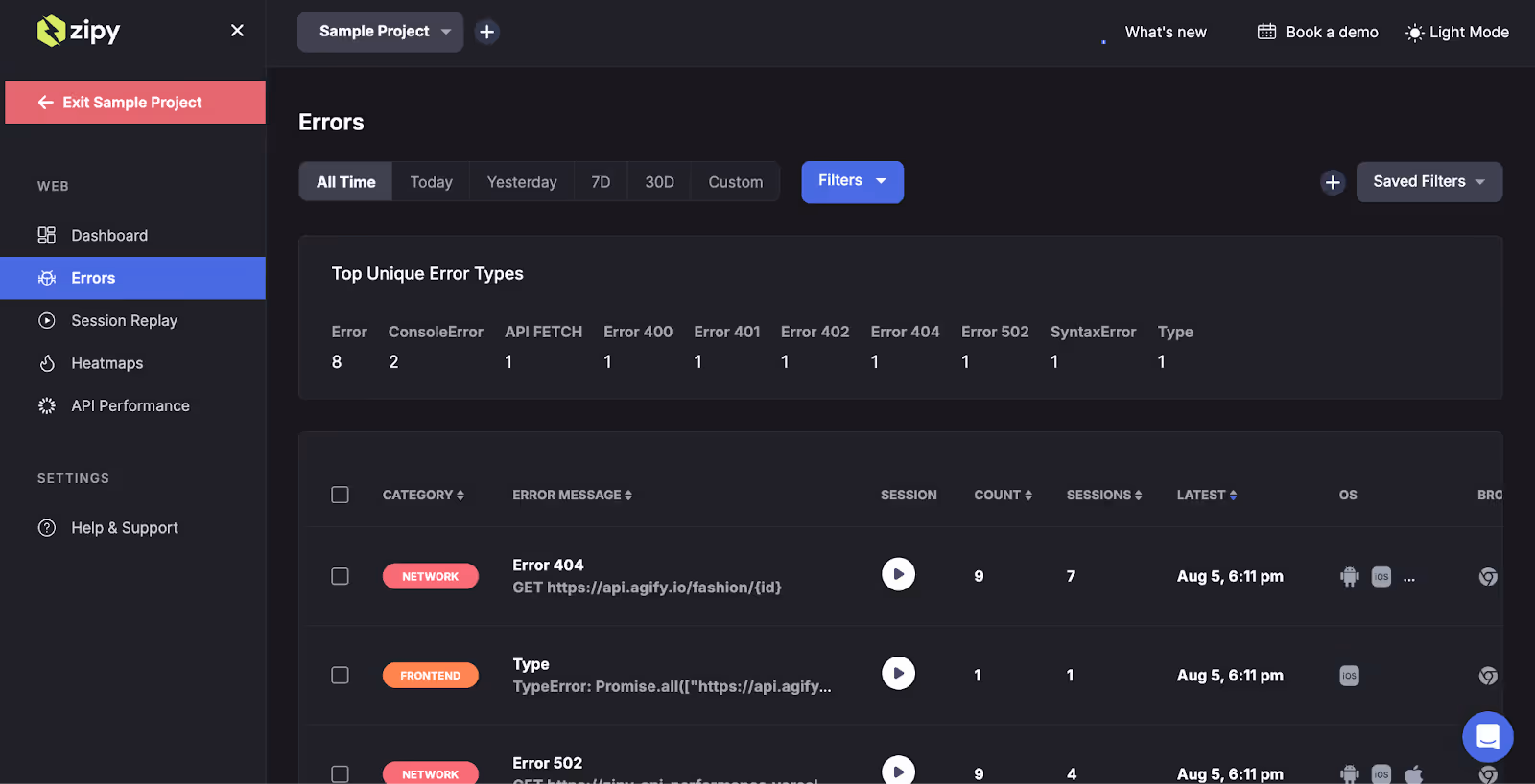 Error classification page