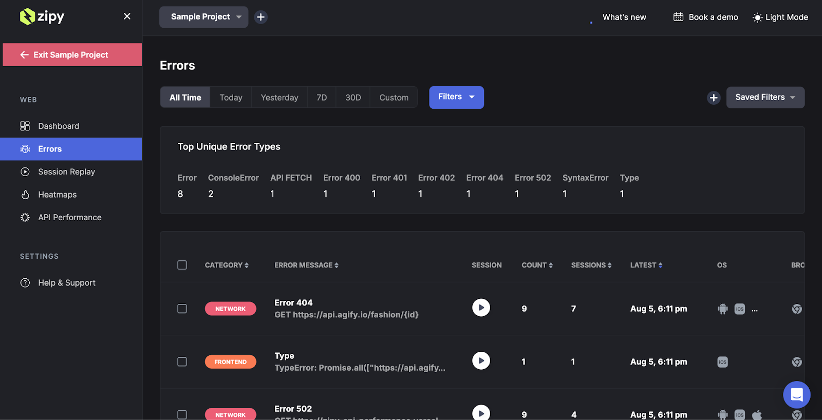 Error classification page