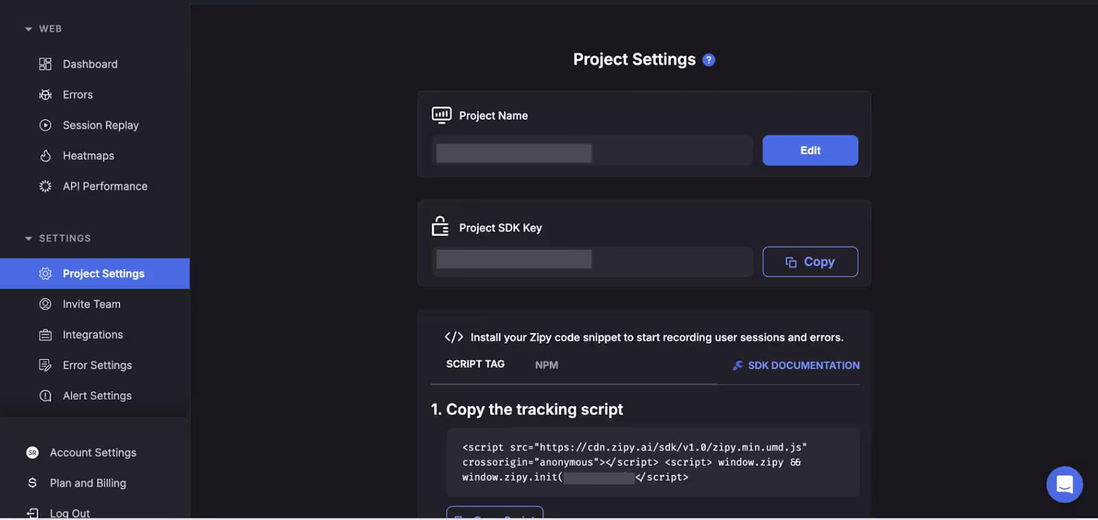Project settings page