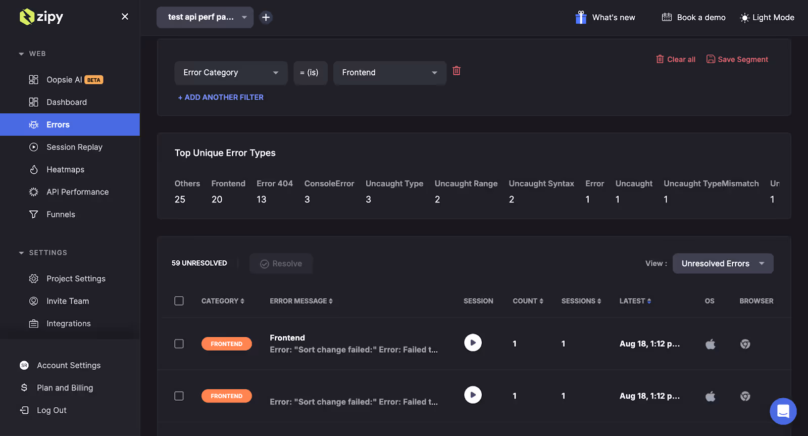Zipy error dashboard with error filter