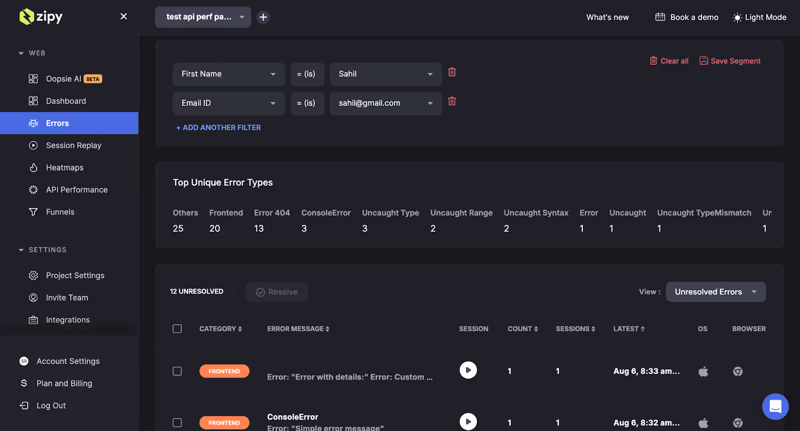 Zipy error dashboard with user filter