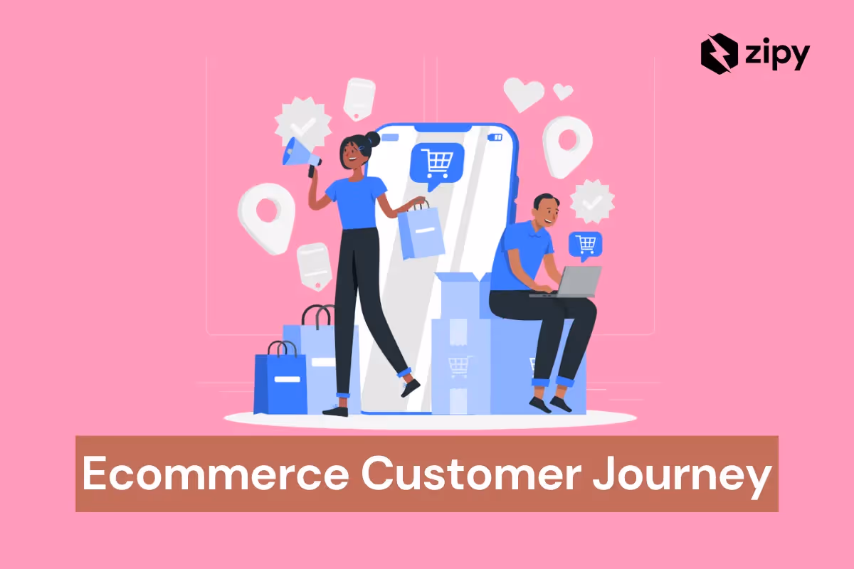 Ecommerce customer journey infographic showing the stages from browsing to buying with icons representing different touchpoints in online shopping experience
