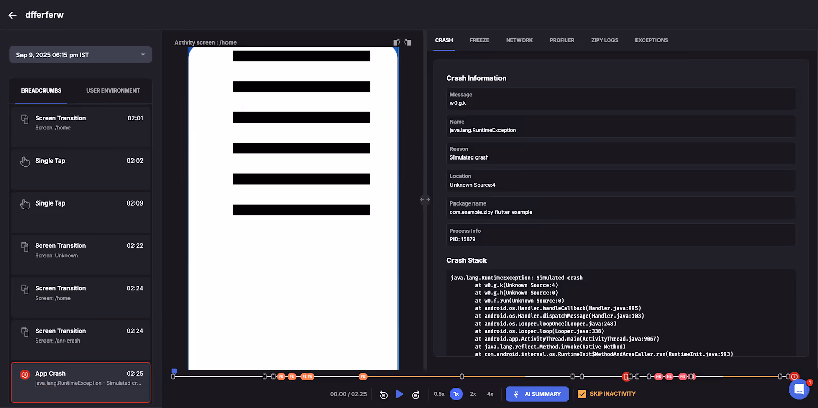 Session replay screen for corresponding Crash