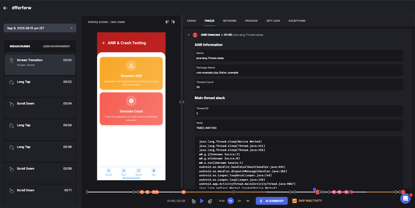 Session replay screen for corresponding ANR
