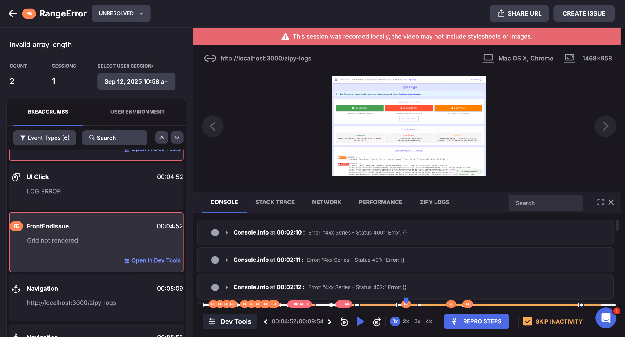 Session replay page for an oopsie bug