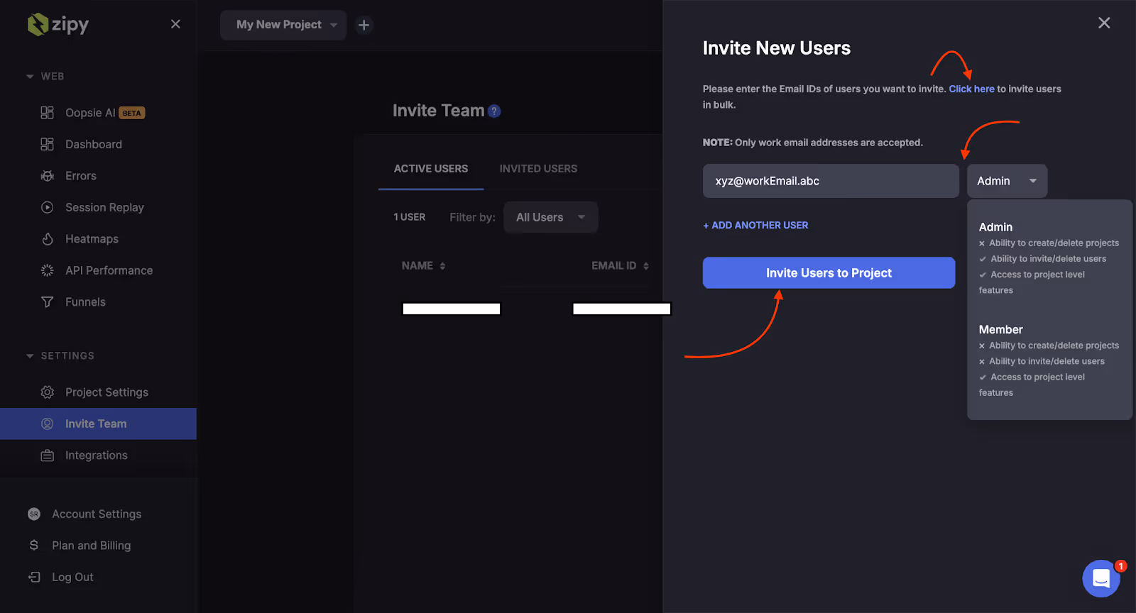 Invite new user window
