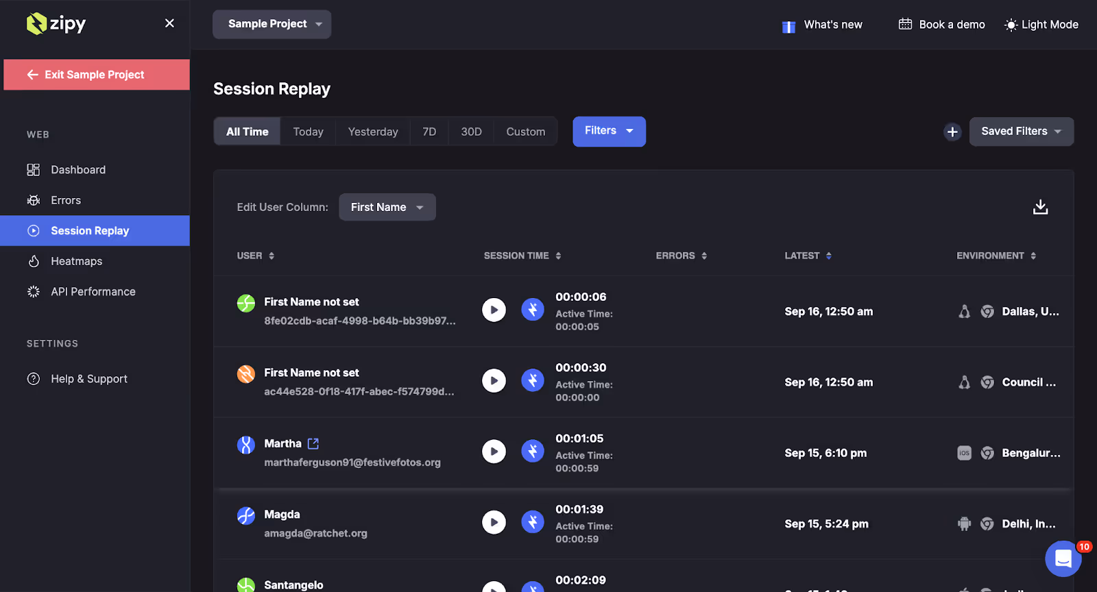 Session replay dashboard