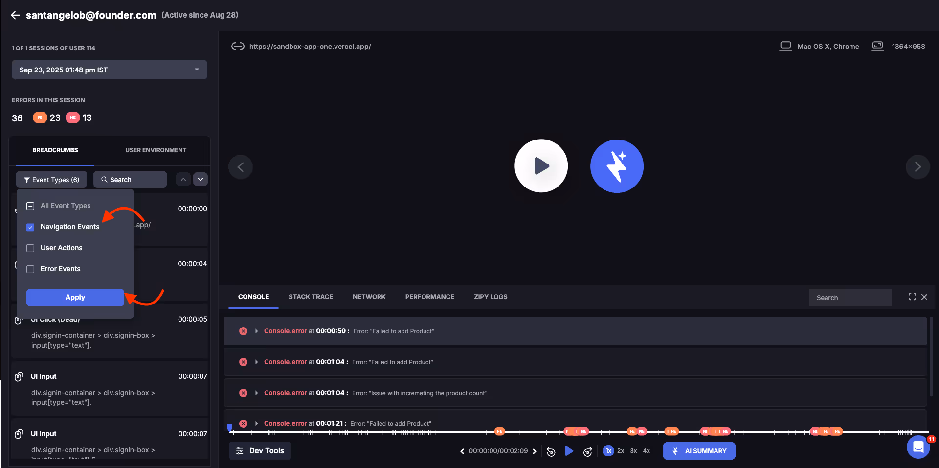 Session Context - Event filter dropdown