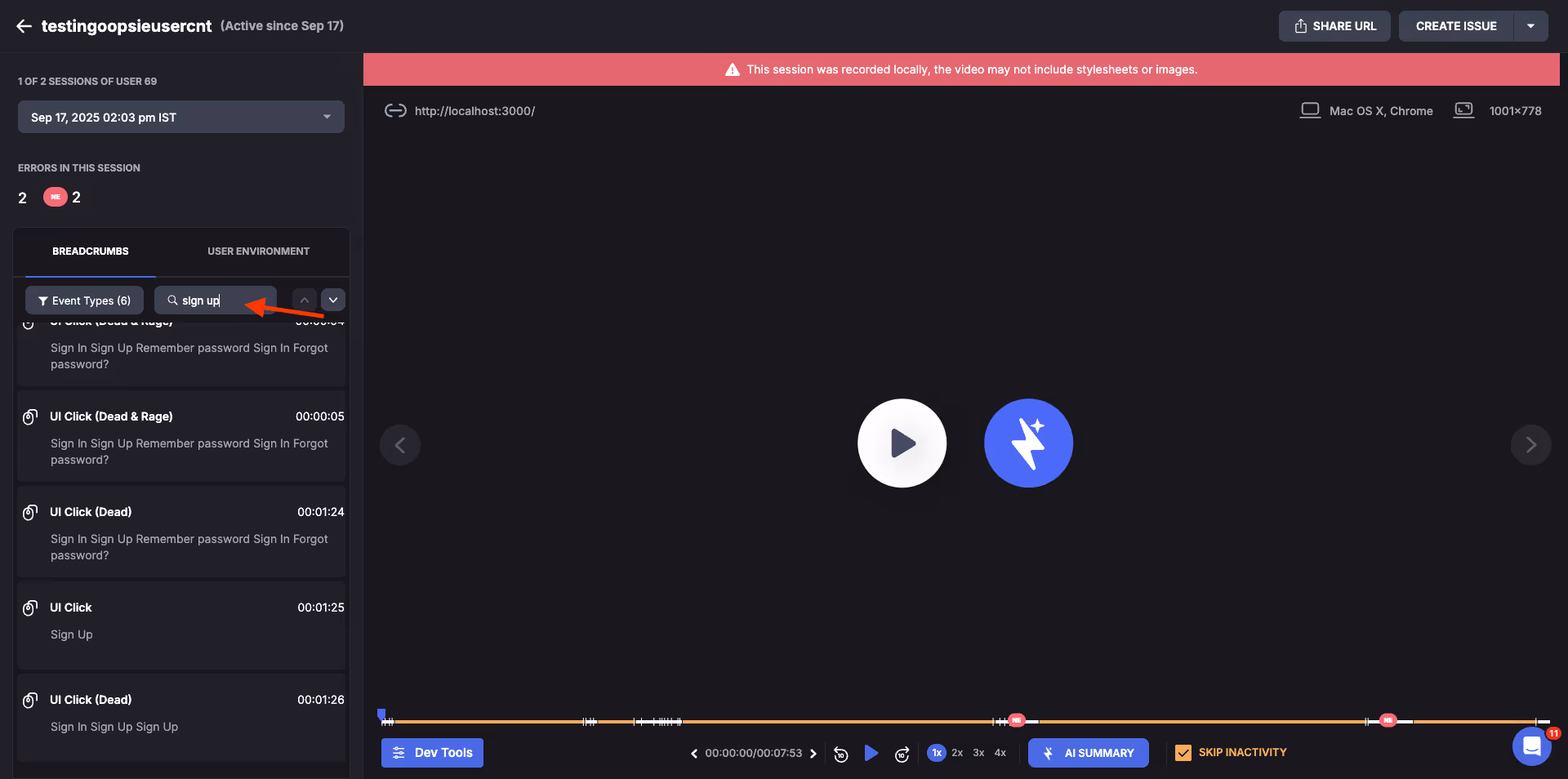 Session Context - Search bar for events