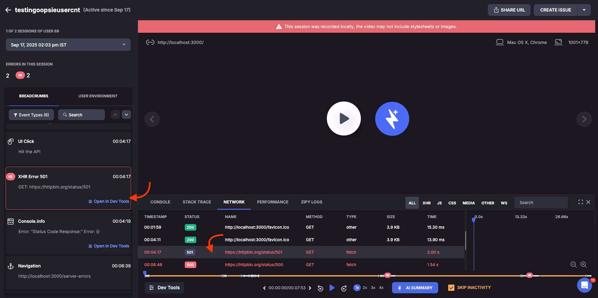 Session Context - Open in dev tools