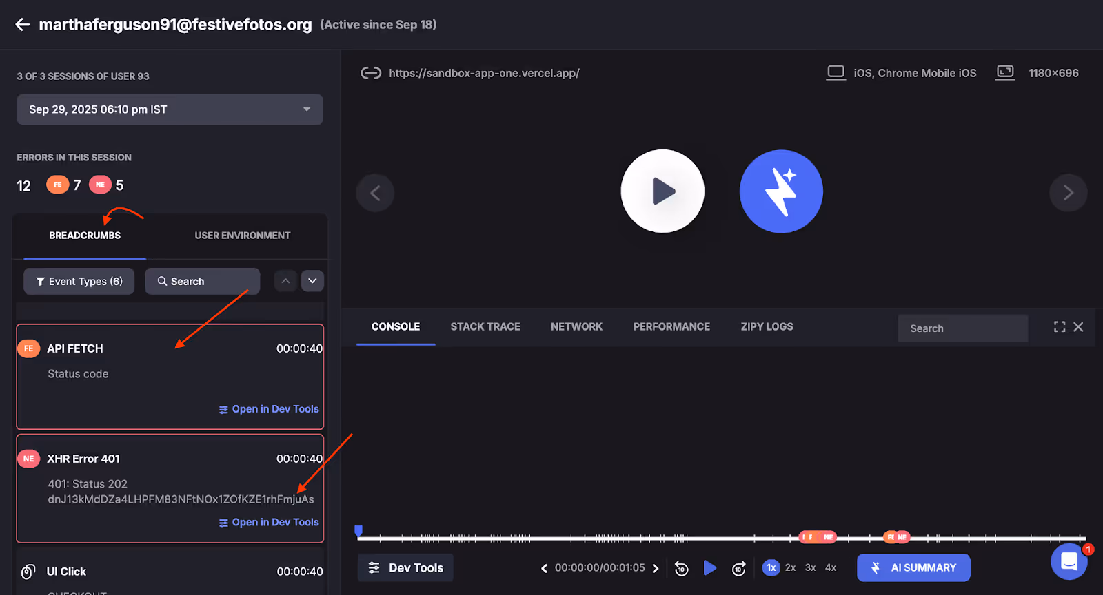 Session replay breadcrumbs