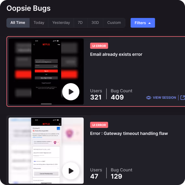 Oopsie dashboard with snippets