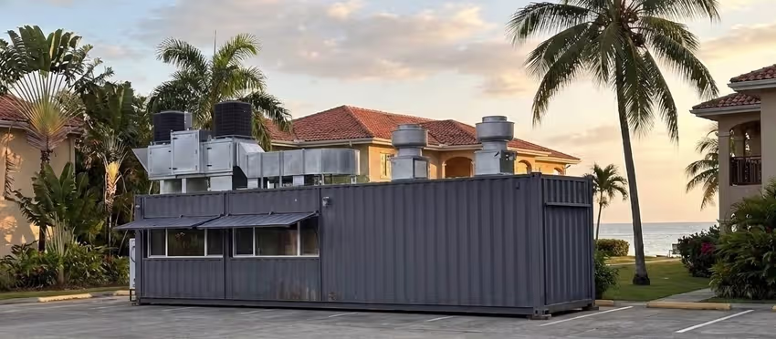 Shipping container kitchen engineered for hurricane wind resistance in a coastal hospitality setting