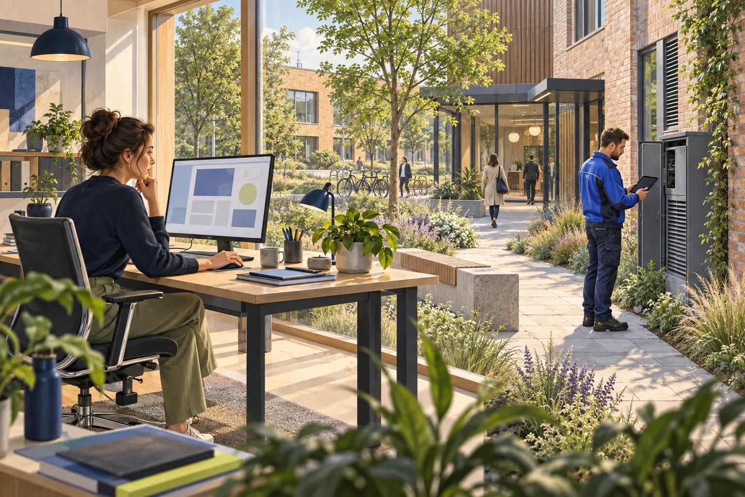 Fictieve werksituatie: een planner op kantoor en een collega met een tablet bij een installatie buiten.