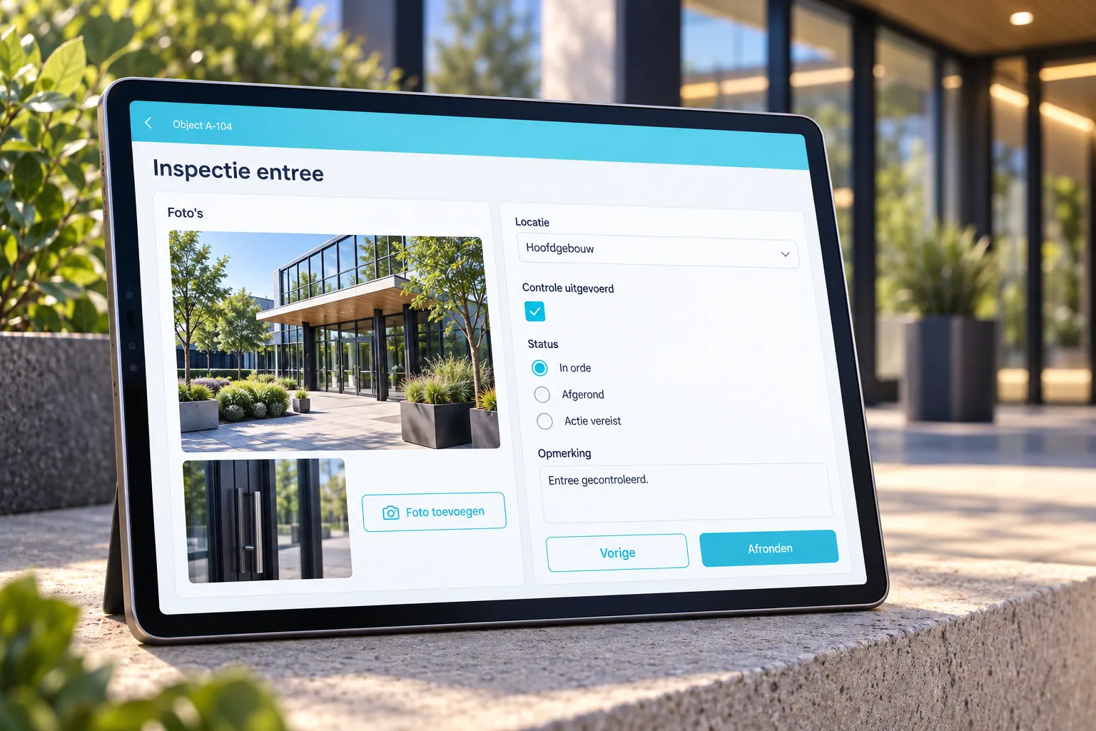 Illustratief inspectieformulier op een tablet met foto's, een locatie, een status en opmerkingen.