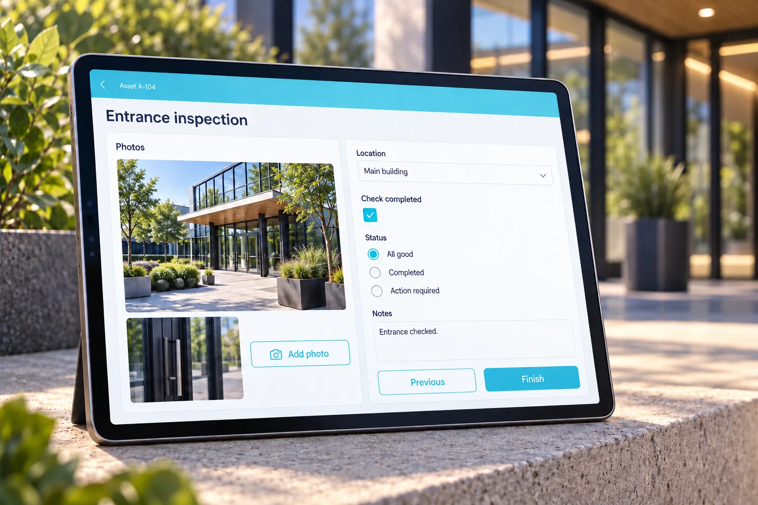 Illustrative inspection form on a tablet with photos, a location, a status and notes.