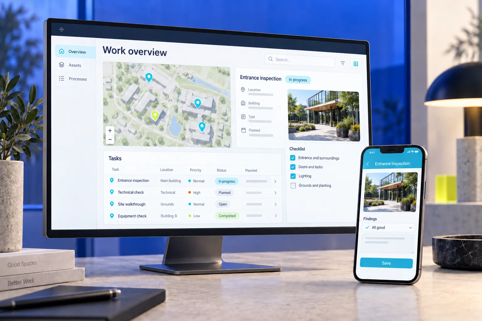 Illustrative work overview with locations on a map, tasks and a mobile inspection form using fictional data.