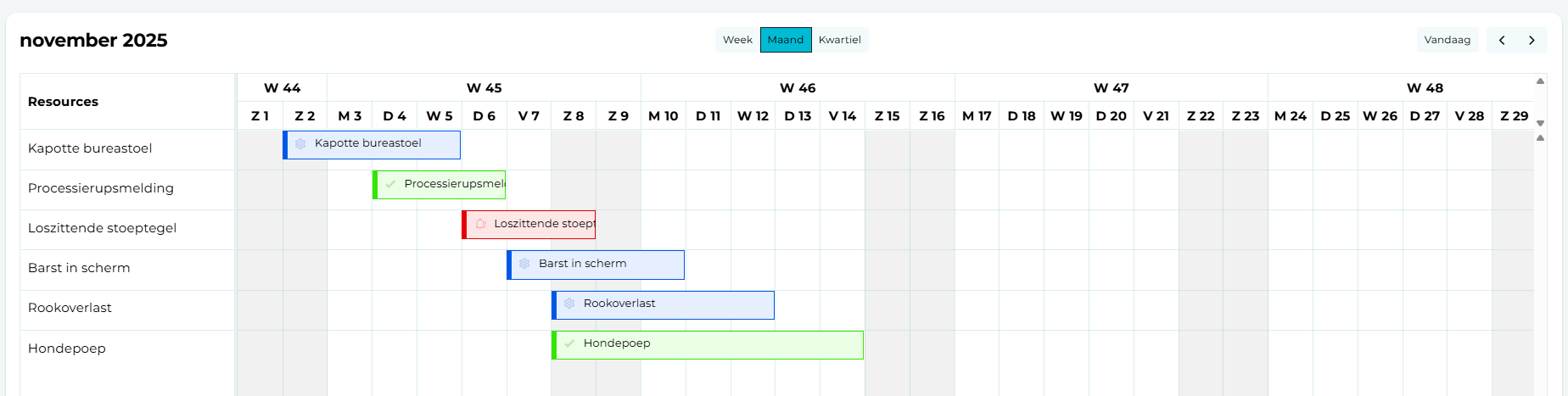 Tijdlijnweergave in Conneqt met meldingen per rij en gekleurde balken over meerdere dagen.