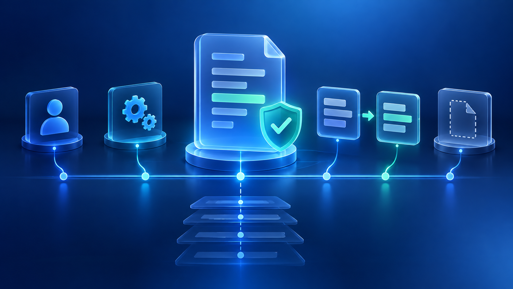 An abstract blue illustration of a verifiable data record on a timeline, connected to a user, a process, old and new values, and a deleted record.
